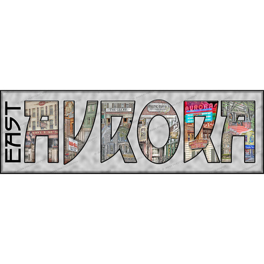 East Aurora Name Collage Art - Photo Wall Art with vibrant images of East Aurora shops inside each letter. Ideal for nostalgic home decoration.