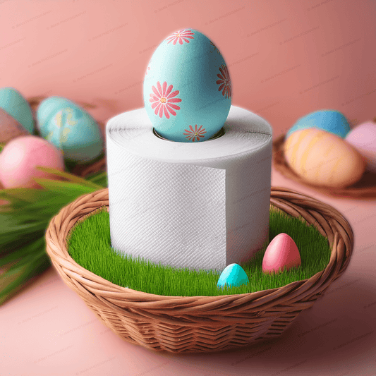 Close-up of Easter-themed toilet paper wall art with colorful eggs and grass in a wicker basket. Adds playful charm to bathroom decor.