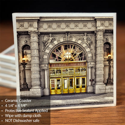 Ellicott Square Doors Coaster features a detailed ceramic print of Buffalo's historic architecture with a cork back and protective sealant.