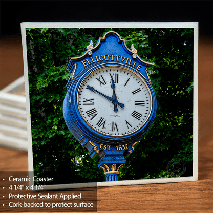 Ellicottville Clock Coaster - Ceramic with cork backing featuring a vivid photo of the historic Ellicottville clock by Jman Photography. Ideal for protecting surfaces in home bars or kitchens.