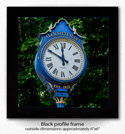 Ellicottville Clock Coaster - Ceramic with cork backing, featuring a vivid photo of the historic Ellicottville clock, framed in black. Ideal for home decor.