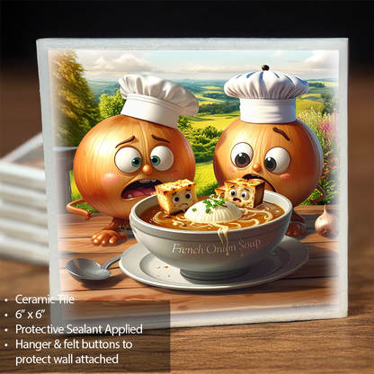 French Onion Soup ceramic tile wall art featuring cartoon onions reacting to animated soup cubes. Durable 6x6 trivet decor for kitchen or bar.