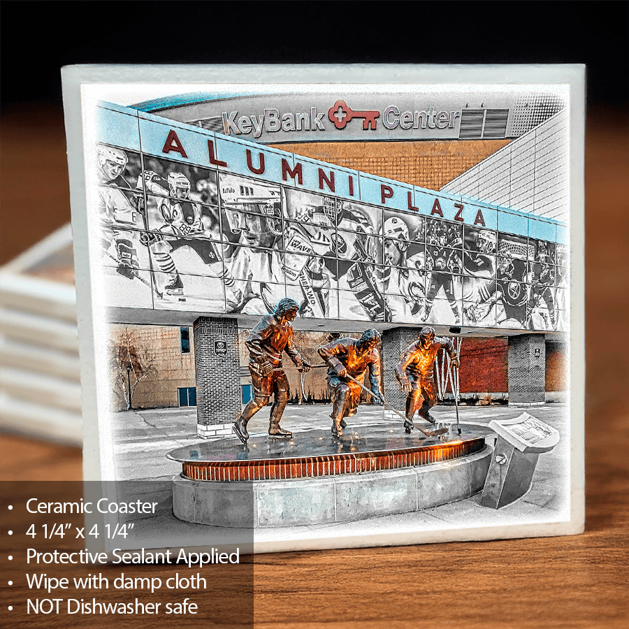 French Connection Ceramic Coaster featuring KeyBank Center and Alumni Plaza in Buffalo. 4 1/4” square with cork backing and protective sealant.