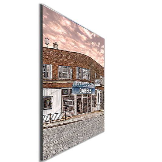 Angled view of Gabels on Hertel Avenue - Wall Art Print, showcasing the mounted artwork with vibrant Buffalo landmark imagery.
