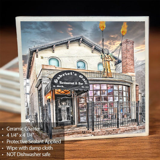 Gabriel's Gate Coaster - Ceramic Coaster featuring a vivid photo of the historic Buffalo restaurant with cork backing for scratch protection.