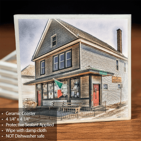 Gene McCarthys Ceramic Coaster - Home Decor | 4x4 featuring a detailed photo of a historic Buffalo bar with Irish flag, sealed surface, cork backing.
