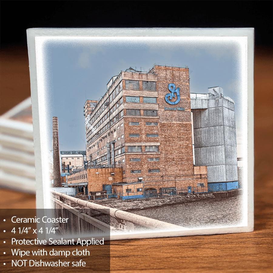 General Mills Ceramic Coaster with cork back and protective sealant, featuring a detailed image of the General Mills building by Jman Photography.