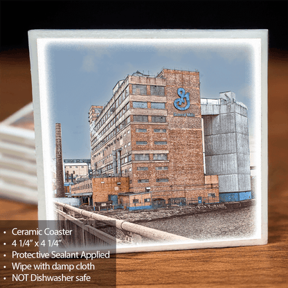 General Mills Ceramic Coaster with cork back and protective sealant, featuring a detailed image of the General Mills building by Jman Photography.