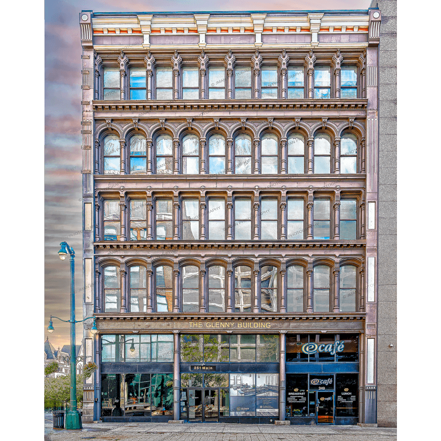 Buffalo NY Glenny Building photo showcasing historic cast iron facade in downtown. Available in 5 sizes for nostalgic wall art decor.