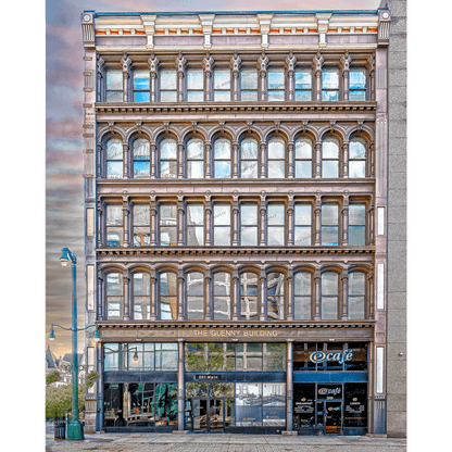 Buffalo NY Glenny Building photo showcasing historic cast iron facade in downtown. Available in 5 sizes for nostalgic wall art decor.