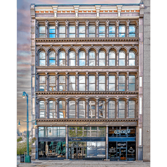 Buffalo NY Glenny Building photo showcasing historic cast iron facade in downtown. Available in 5 sizes for nostalgic wall art decor.