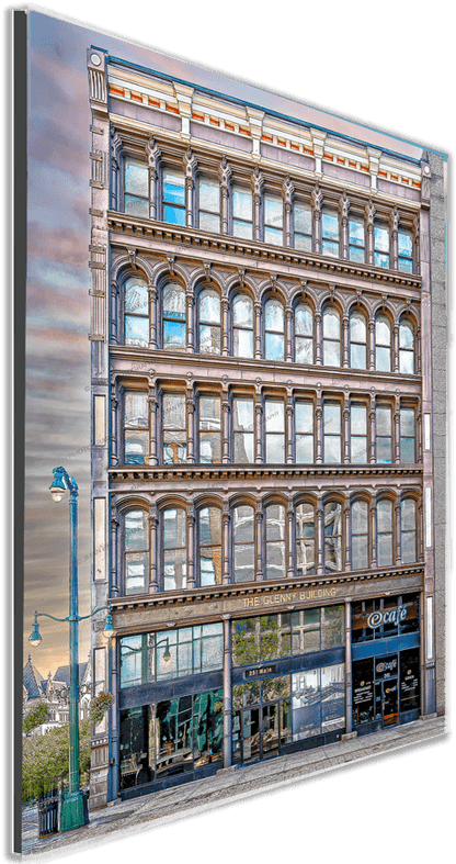 Buffalo NY Glenny Building photo showcasing historic cast iron facade in downtown. Available in 5 sizes for wall art and home decor.