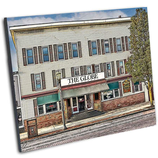 Angled view of Globe Restaurant East Aurora Photo | Historic Buffalo Image mounted on float frame, ideal for nostalgic home or office decor.