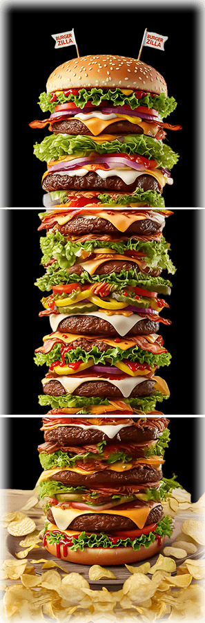 Godzilla Burger wall tile photo featuring a towering multi-layered burger with cheese, lettuce, and bacon across 3 stacked 6x6 tiles.