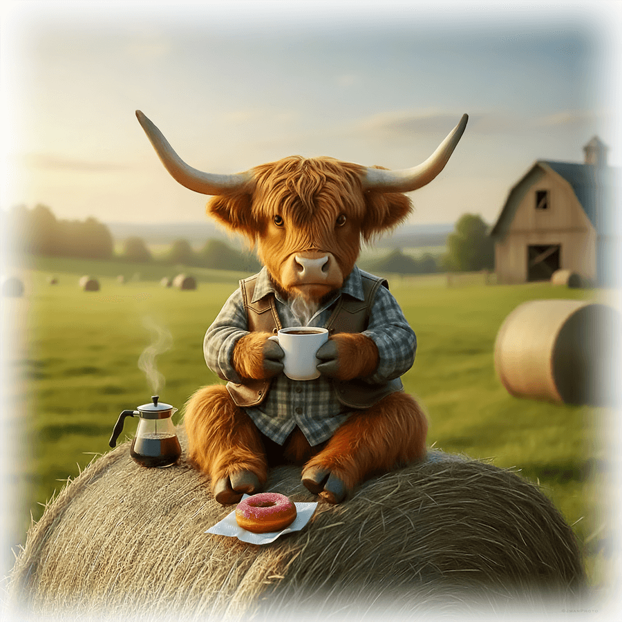 Highland Cows Ceramic Tile with Ewan in plaid shirt holding coffee on a hay bale, ideal for rustic kitchen wall art and cozy decor.