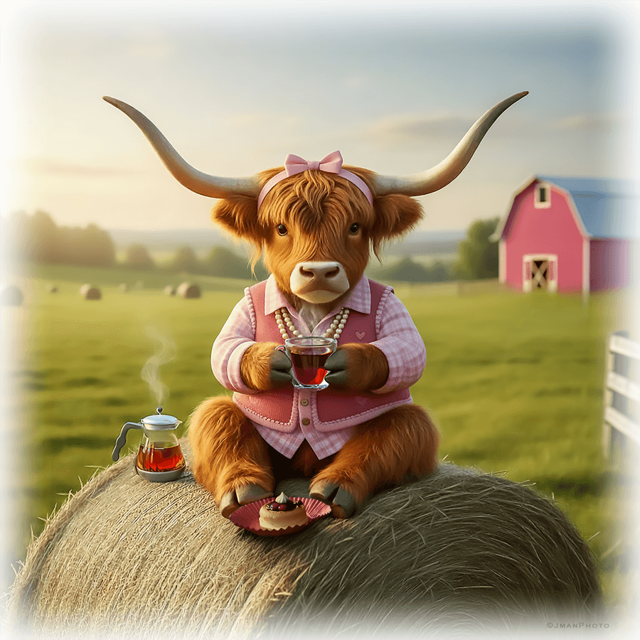 Highland Cows Ceramic Tile with Orla in pink attire enjoying tea on a hay bale, perfect for highland-cows-ceramic-tile-elevate-room-decor themes.
