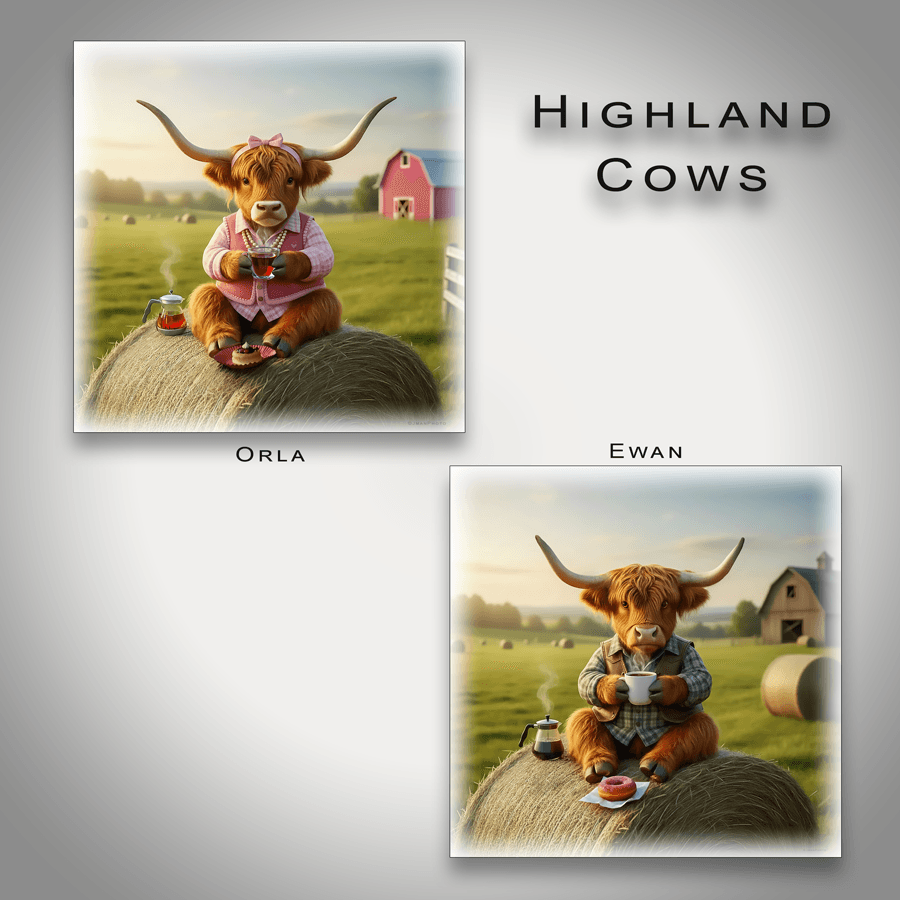 Highland Cows Ceramic Tile Kitchen Wall Art featuring two adorable cows, Orla and Ewan, sipping tea on hay bales in a pastoral farm scene.
