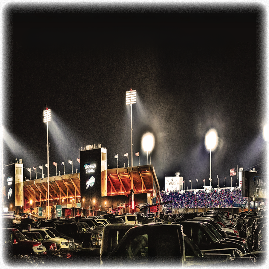 Highmark Stadium Nighttime Coaster featuring a vivid night view of the stadium with bright lights and parked cars, ideal for protecting surfaces in style.
