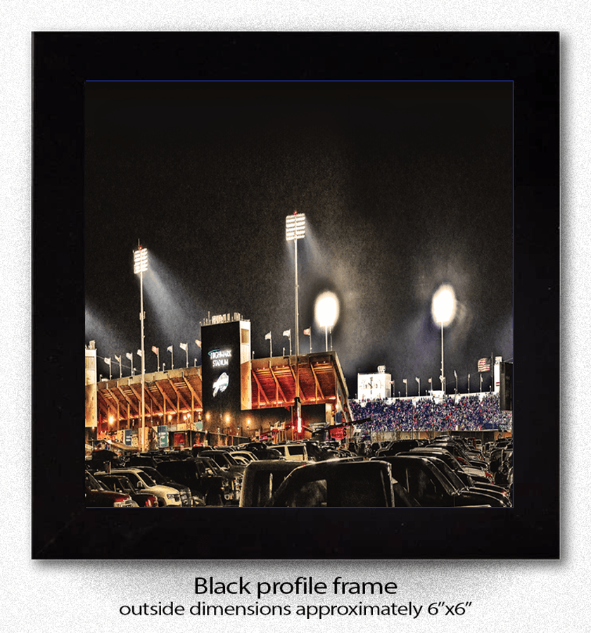 Highmark Stadium Nighttime Coaster with vivid lights and crowd scene, framed in black profile, perfect for protecting surfaces in barware settings.