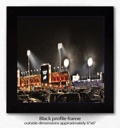 Highmark Stadium Nighttime Coaster with vivid lights and crowd scene, framed in black profile, perfect for protecting surfaces in barware settings.