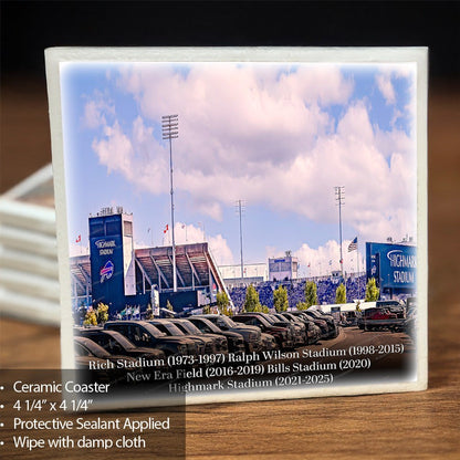 Buffalo Bills Stadium Print on ceramic coaster featuring Highmark Stadium in daytime with parked cars and blue sky, part of Jman Photography collection.