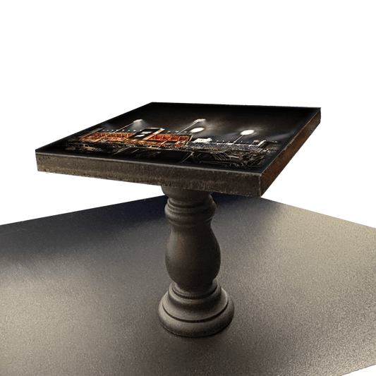 Highmark Stadium Mini Table with vibrant night stadium print on square tabletop. Unique bar stool decor for sports-themed or modern interiors.