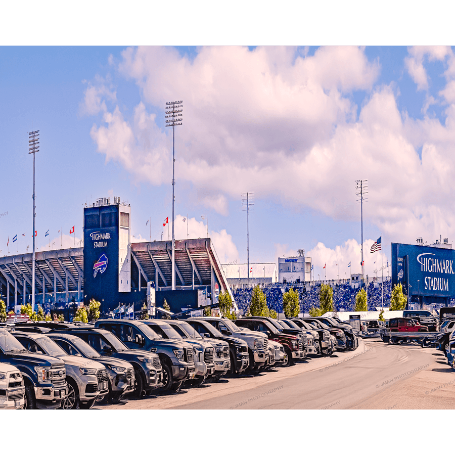 Buffalo Bills Stadium Print - Highmark Art shows Highmark Stadium on a sunny day with parked cars in the foreground. Ideal for football fans' wall decor.