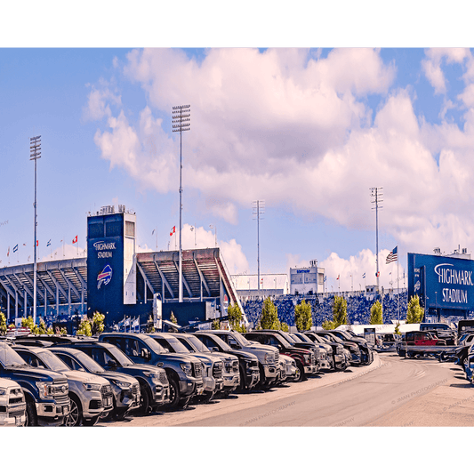 Buffalo Bills Stadium Print - Highmark Art shows Highmark Stadium on a sunny day with parked cars in the foreground. Ideal for football fans' wall decor.