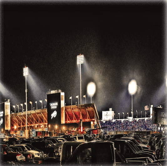 Highmark Stadium Mini Table - Decor | Playful Table Decor featuring a night view of Highmark Stadium with lit floodlights and parked cars in foreground.