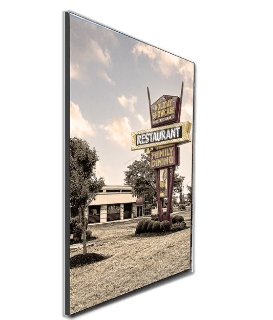 Mounted Buffalo print of Holiday Showcase Family Restaurant with vivid retro signage, perfect for home or office wall art in WNY-themed collections.
