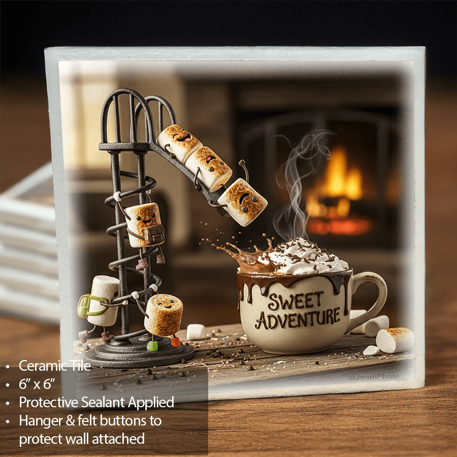Hot Chocolate & Marshmallows ceramic tile wall art with whimsical marshmallow roasting scene, perfect for cozy kitchen decor and gift ideas.