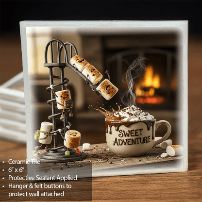 Hot Chocolate & Marshmallows ceramic tile wall art with whimsical marshmallow roasting scene, perfect for cozy kitchen decor and gift ideas.