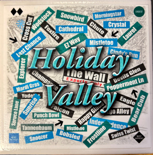 Collage of various ski resort names on a textured background with 'Holiday Valley' prominently displayed.