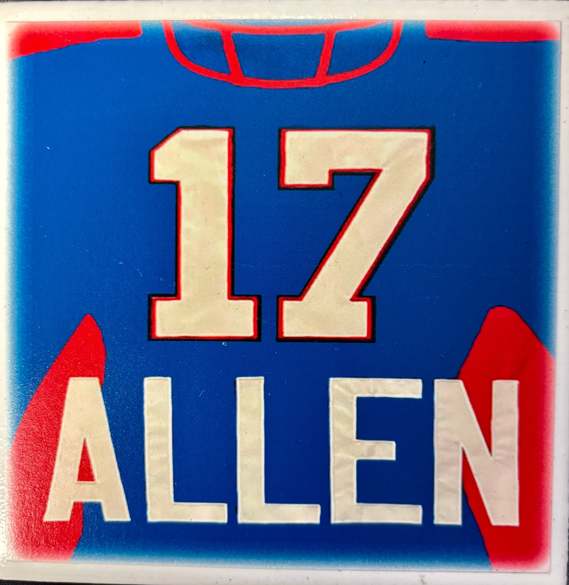 Bflo Bills #17 Allen Ceramic Coaster featuring a blue football jersey design with white number 17 and name Allen, ideal for Buffalo sports fans.