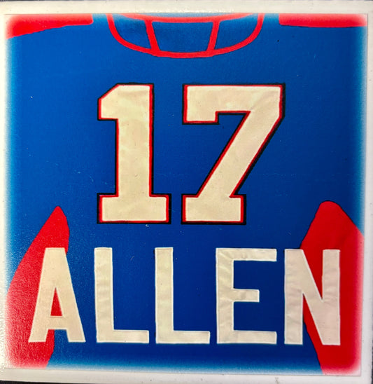 Bflo Bills #17 Allen Ceramic Coaster featuring a blue football jersey design with white number 17 and name Allen, ideal for Buffalo sports fans.