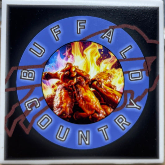 Buffalo Bills Ceramic Coaster – Show Your Team Spirit featuring flaming buffalo wings in center with 'Buffalo Country' text and team colors. Ideal for fans.