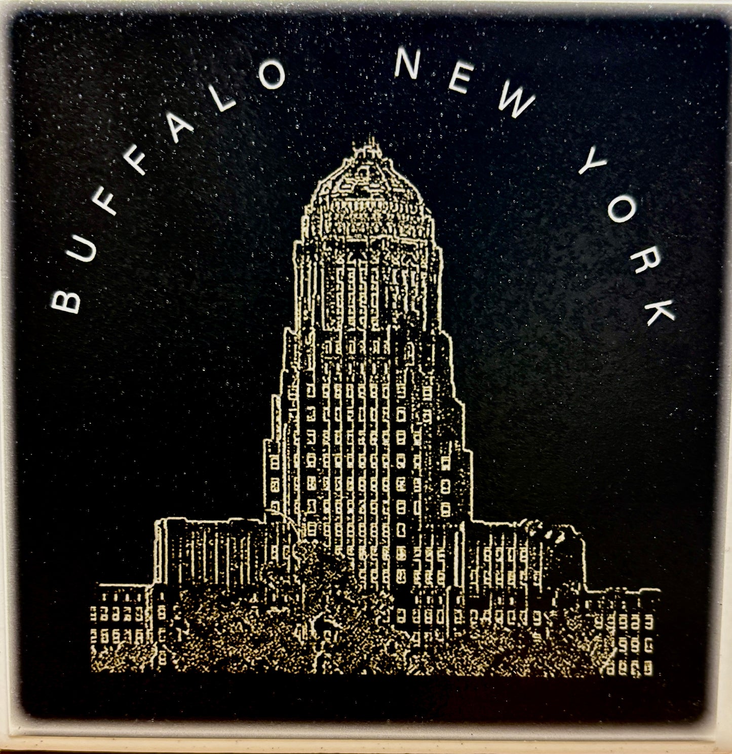 Buffalo Image Magnet - Collector's Item featuring Buffalo City Hall in gold on black background. Ideal for fridge decor and magnet collectors.