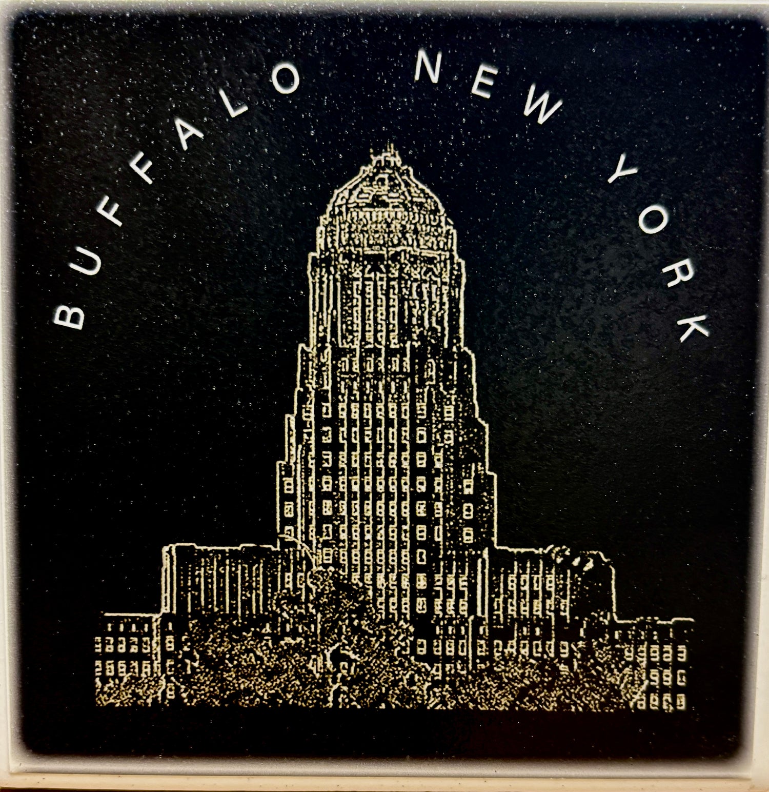 Buffalo Image Magnet - Collector's Item featuring Buffalo City Hall in gold on black background. Ideal for fridge decor and magnet collectors.