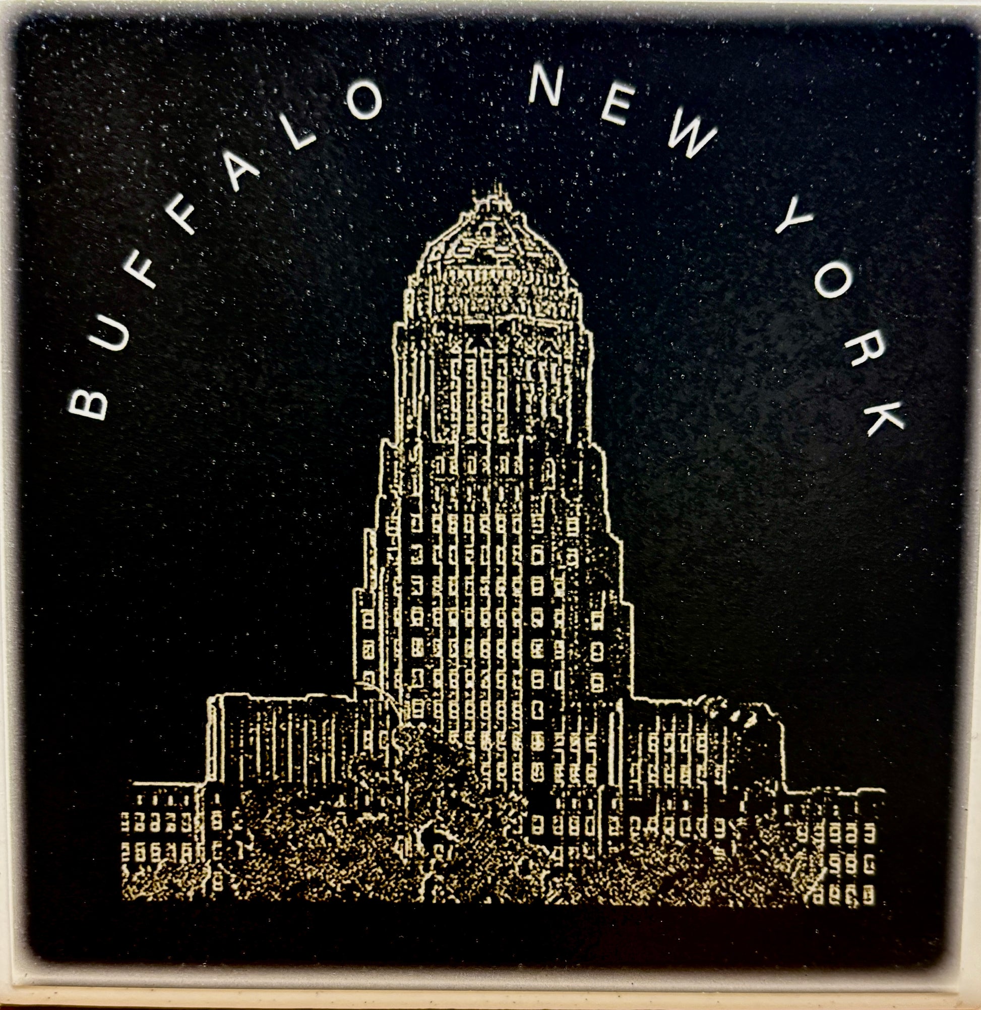 Buffalo Image Magnet - Collector's Item featuring Buffalo City Hall in gold on black background. Ideal for fridge decor and magnet collectors.