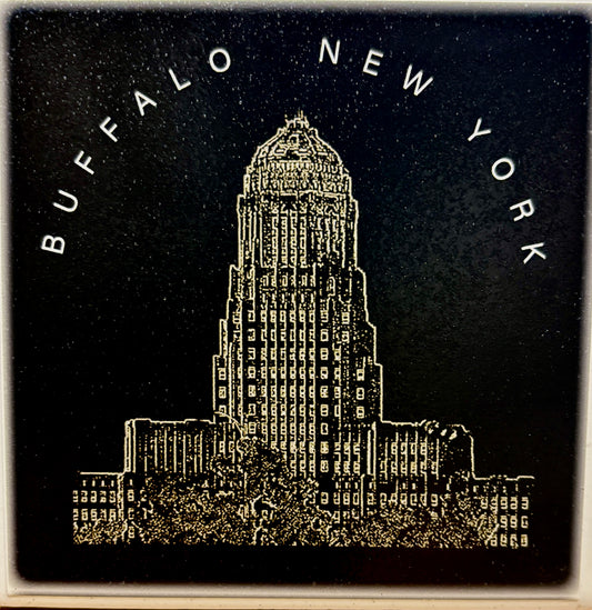 Buffalo Image Magnet - Collector's Item featuring Buffalo City Hall in gold on black background. Ideal for fridge decor and magnet collectors.