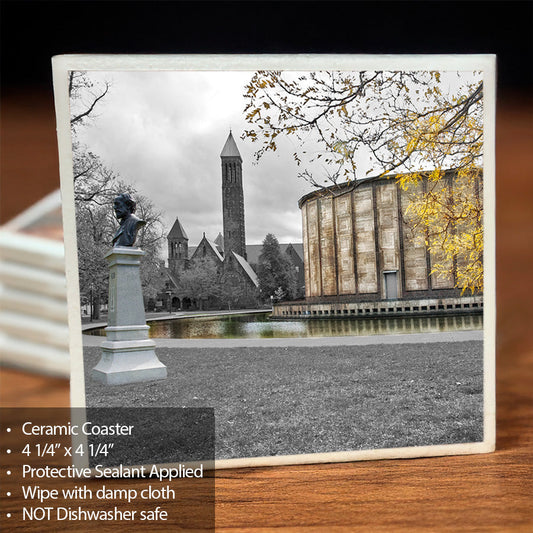 Kleinhans Music Hall ceramic coaster featuring a black-and-white photo with selective color, cork backing, and protective sealant for durability.