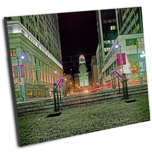 Angled view of Buffalo Art Lafayette Square - City Hall at Night print, showcasing vivid nighttime cityscape with historic architecture and neon lighting.