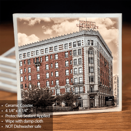 Lafayette Hotel Ceramic Coaster - Unique Decor Coaster featuring sepia-toned Buffalo landmark with protective sealant and cork backing.