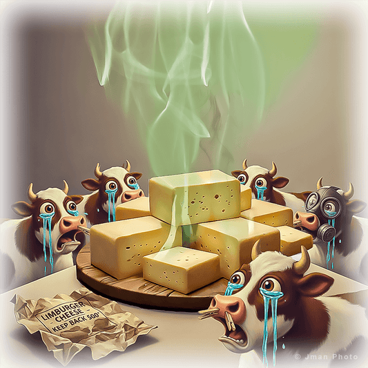 Limburger Cheese Cow Ceramic Wall Art features cartoon cows crying from the strong smell of Limburger cheese on a ceramic tile, perfect for fun kitchen decor.