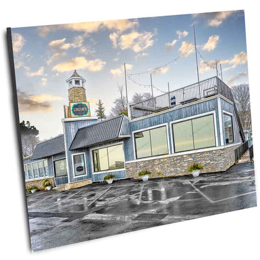 Lucia's Lake Photo Decor - Stunning Photographs | Jman Photos printed on mounted wall art, showcasing a Buffalo landmark restaurant exterior.