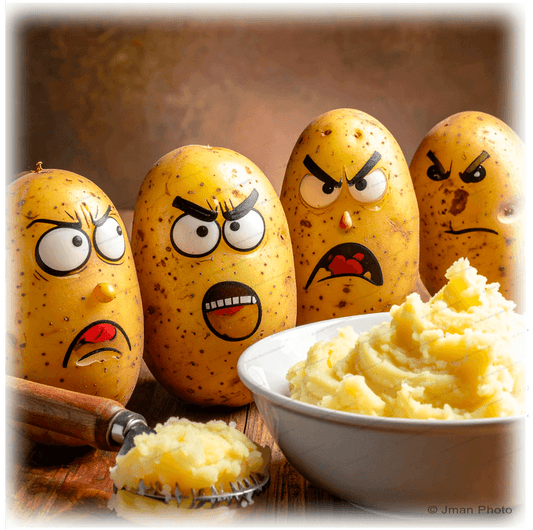 Mashed Potatoes Wall Tile - Humorous Kitchen Art featuring angry cartoon potatoes glaring at a bowl of mashed potatoes. 6x6 ceramic decor by Jman Photo.