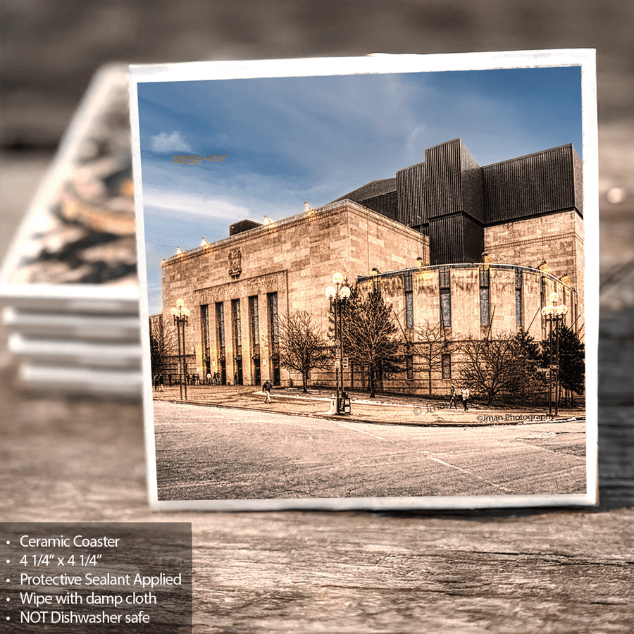 Ceramic Coaster - Memorial Auditorium features a detailed photo of Buffalo's historic landmark with protective sealant and cork backing for home decor.