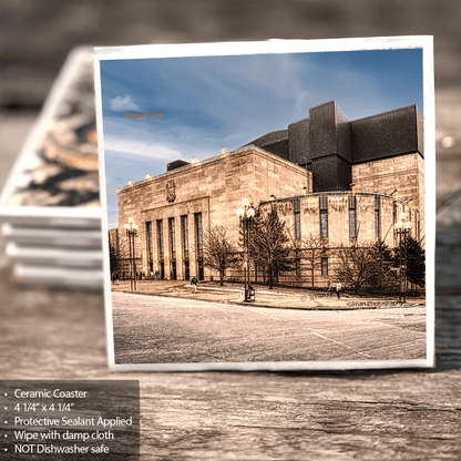 Ceramic Coaster - Memorial Auditorium features a detailed photo of Buffalo's historic landmark with protective sealant and cork backing for home decor.