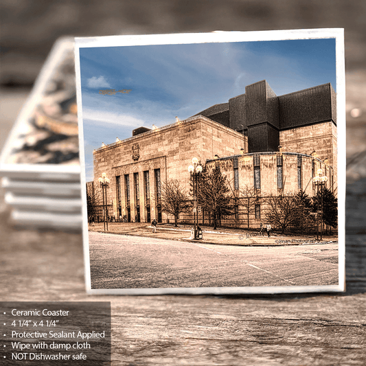 Ceramic Coaster - Memorial Auditorium features a detailed photo of Buffalo's historic landmark with protective sealant and cork backing for home decor.