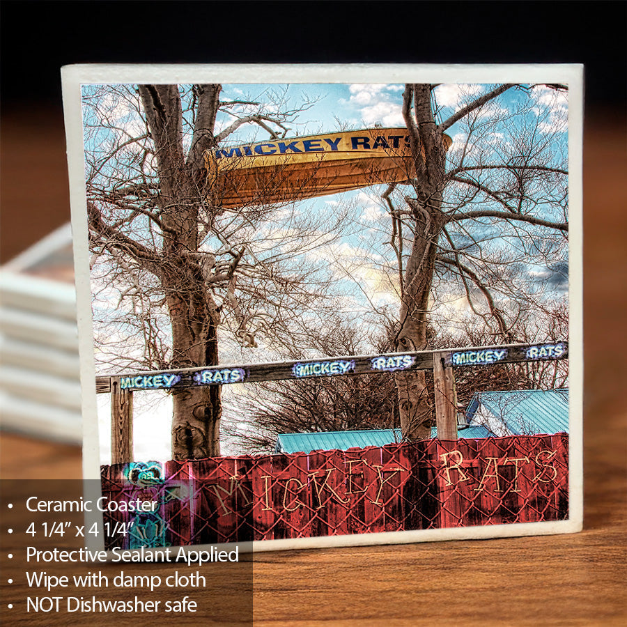 Mickey Rats Ceramic Coaster - Unique Home Decor | Cork Back featuring a vivid photo of the iconic Mickey Rats sign with protective sealant finish.